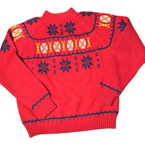 Men's Vintage Red Sweater Size M Fair Isle Ski Pattern Holiday Christmas Party
